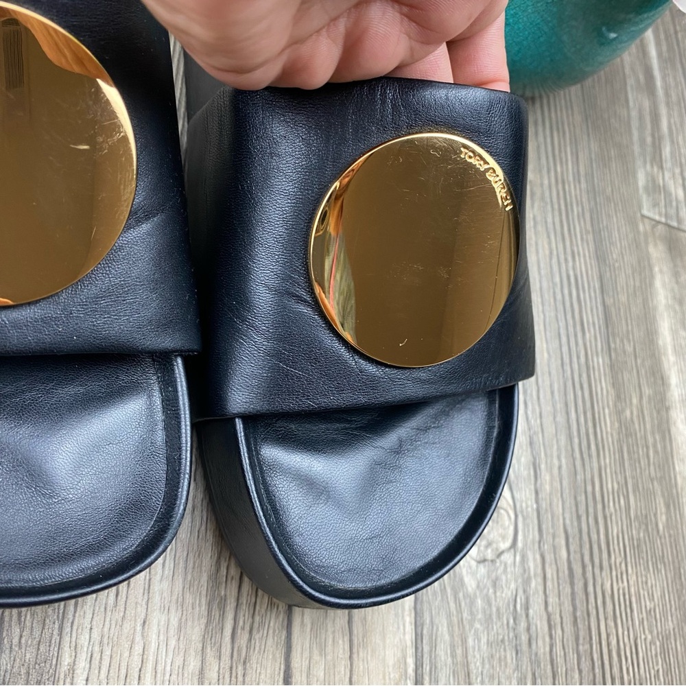Tory Burch Black Leather Slide Sandals with Gold Medallions - Picture 2 of 12